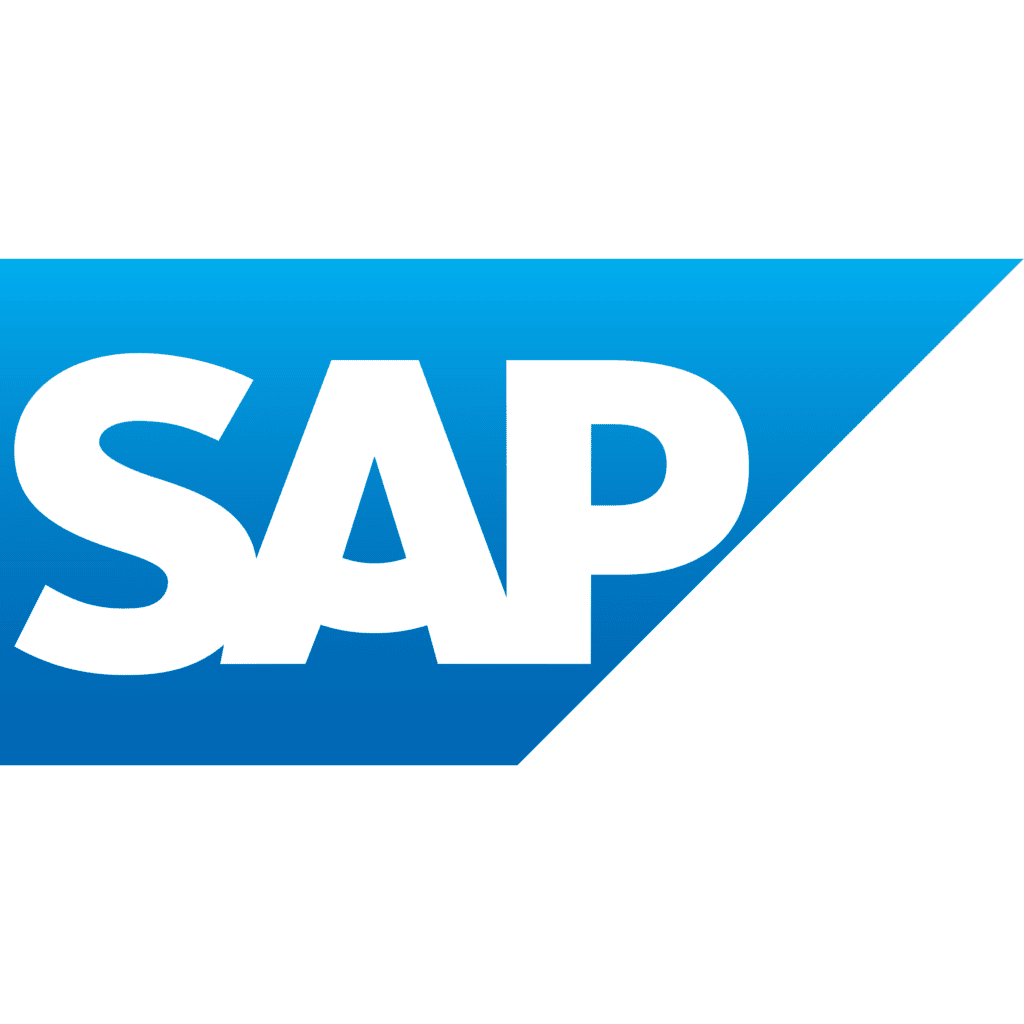 SAP-Logo mit fetten weißen Buchstaben SAP auf blauem Hintergrund mit Farbverlauf in einem nach rechts weisenden Dreieck.