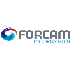 FORCAM-Logo mit einer kreisförmigen, mehrfarbigen Wirbelgrafik auf der linken Seite und dem Schriftzug FORCAM smart factory experts in grauer und blauer Schrift auf weißem Hintergrund.