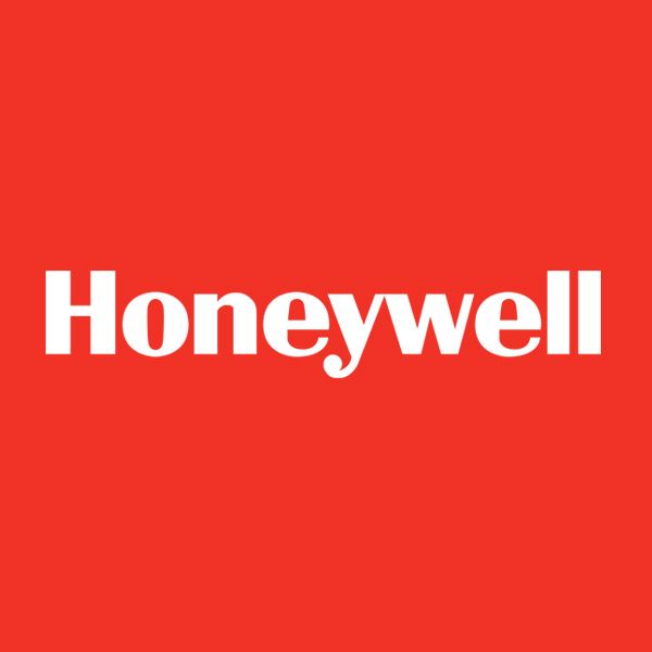 Das Honeywell-Logo zeigt das Wort Honeywell in fetten weißen Buchstaben auf einem roten Hintergrund.