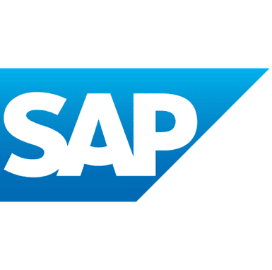Das SAP-Logo besteht aus den fettgedruckten weißen Buchstaben „SAP“ in einem blauen Parallelogramm auf hellgrauem Hintergrund.
