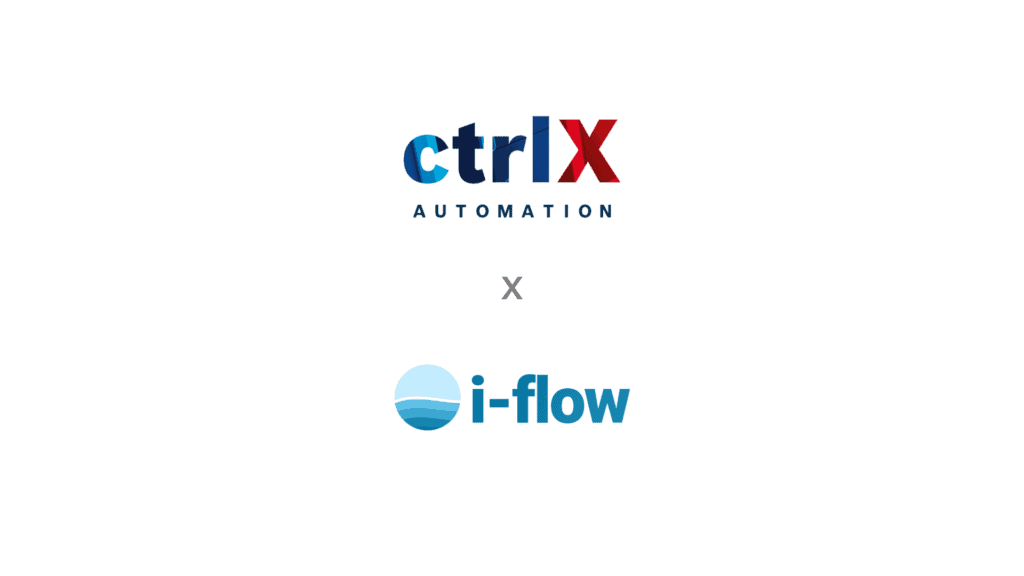 Das Bild zeigt das ctrlX AUTOMATION Logo über einem x, mit dem i-flow Logo darunter, alles zentriert auf einem weißen Hintergrund.