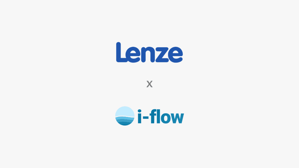 Das Logo von Lenze erscheint über einem grauen x, darunter das i-flow-Logo und der Name. Das i-flow-Logo besteht aus einer blauen Kreisgrafik mit einem Wellenverlauf. Der Hintergrund ist hellgrau.