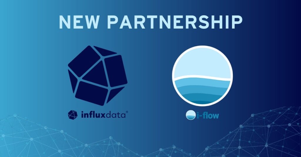 Grafik einer NEUEN PARTNERSCHAFT: Die Logos von InfluxData und i-flow nebeneinander auf einem blauen Hintergrund mit Farbverlauf, akzentuiert mit Netzwerklinien am unteren Rand.