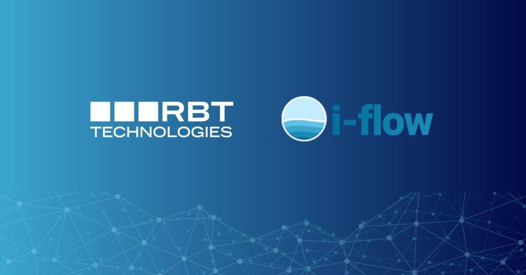 RBT Technologies und i-flow Logos auf einem blauen Farbverlauf mit Netzwerkstruktur am unteren Rand.