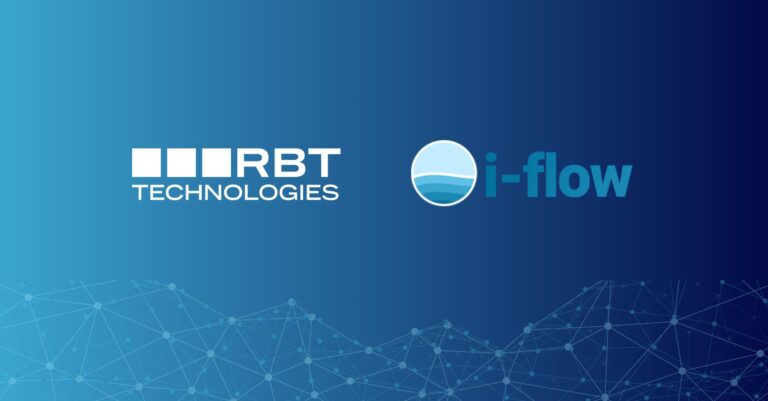 RBT Technologies und i-flow Logos auf einem blauen Farbverlauf mit Netzwerkstruktur am unteren Rand.
