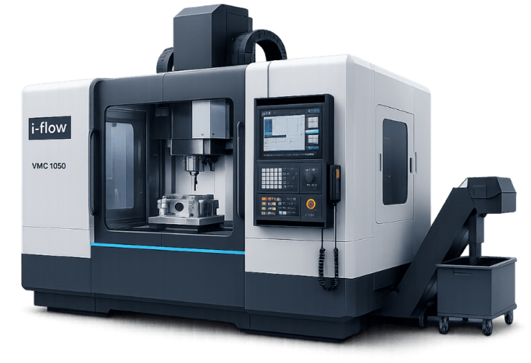 Ein großes industrielles CNC-Bearbeitungszentrum mit Touchscreen-Bedienfeld, das die Bezeichnung „i-flow VMC 1050“ trägt, bearbeitet ein Metallwerkstück in einem geschlossenen Arbeitsraum, an den ein Späneförderer und ein Auffangbehälter angeschlossen sind. Für weitere Informationen oder Anfragen wenden Sie sich bitte an uns, um Einzelheiten zu dieser hochmodernen Anlage zu erfahren.