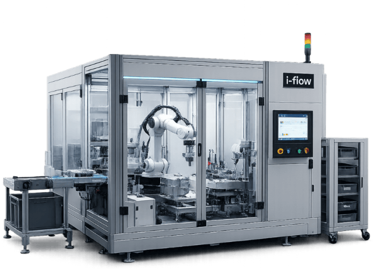 Eine moderne Industrieroboteranlage in einem Glasgehäuse mit der Aufschrift „i-flow“, ausgestattet mit einem Touchscreen, Bedientasten, einem Roboterarm im Inneren, Schubladen und einem Förderband.