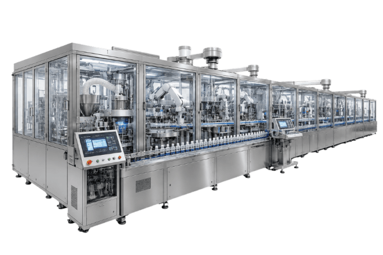 A large, stainless steel automated bottling machine with a touchscreen control panel, enclosed in glass, fills and caps bottles on a conveyor belt in a clean, industrial setting.