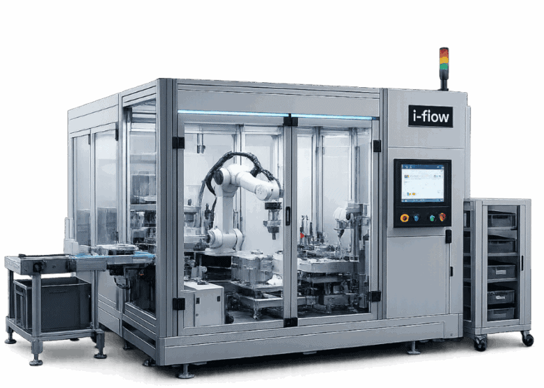 A large, enclosed industrial robot labeled i-flow with a mechanical arm, touchscreen interface, conveyor belt system, and signal light, used for automated manufacturing or assembly.