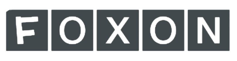 Das Wort „FOXON“ ist in weißen Großbuchstaben geschrieben, die jeweils in einem dunklen quadratischen Rahmen stehen und damit Einheit und Stärke symbolisieren – Eigenschaften, die FOXON zu einem idealen Partner machen.