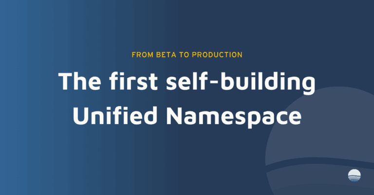 Auf einem blauen Hintergrund mit Farbverlauf steht: „Von der Beta-Phase zur Produktion. Der erste sich selbst aufbauende Unified Namespace, jetzt mit i-flow 3.4.2.“ In der unteren rechten Ecke ist ein kleines Symbol zu sehen.