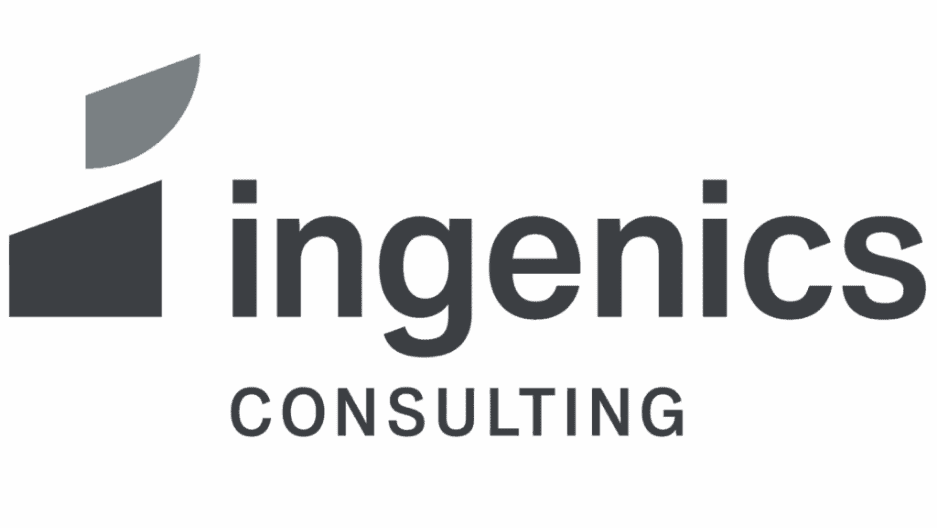 Grau-weißes Logo von Ingenics Consulting mit einer geometrischen, abstrakten Form links neben dem Schriftzug „ingenics CONSULTING“ auf hellem Hintergrund.