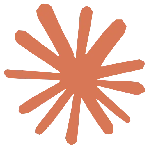 A simple, flat, rust-orange abstract starburst shape with uneven, thick rays radiating from a central point on a light gray background.